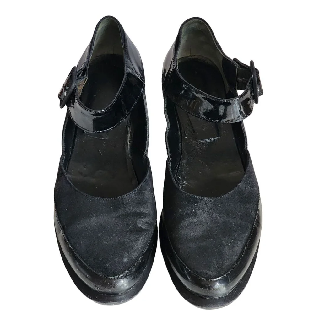 ROBERT CLERGERIE Black Suede Patent Leather‎ Ankle Strap Wedges 8.5